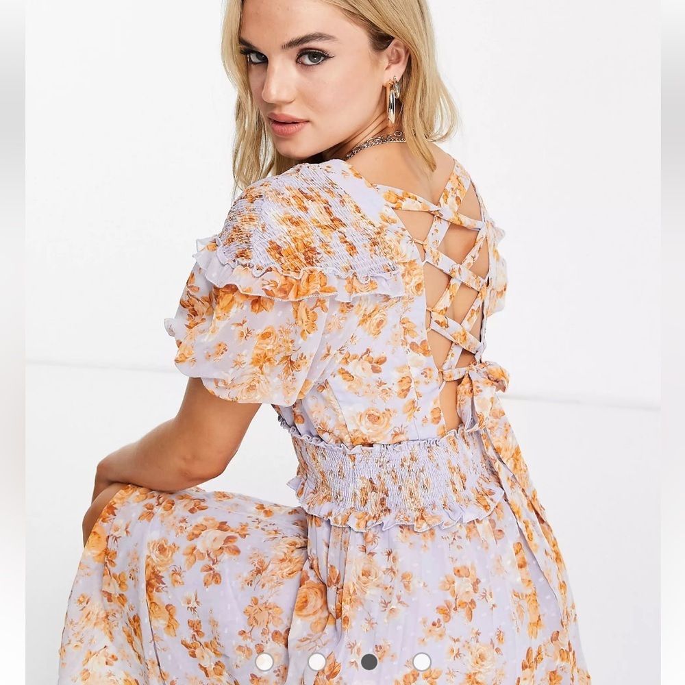 ASOS DESIGN puff sleeve shirred pleated midi dress in floral print size 0
